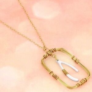 Rectangle Wire Wrap Wishbone Pennant Necklace Long Sweater Gold Silver Pendant
